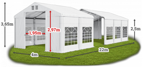 Párty stan 4x22x2,5m střecha PVC 560g/m2 boky PVC 500g/m2 konstrukce ZIMA