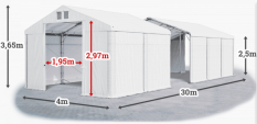 Skladový stan 4x30x2,5m střecha PVC 560g/m2 boky PVC 500g/m2 konstrukce POLÁRNÍ
