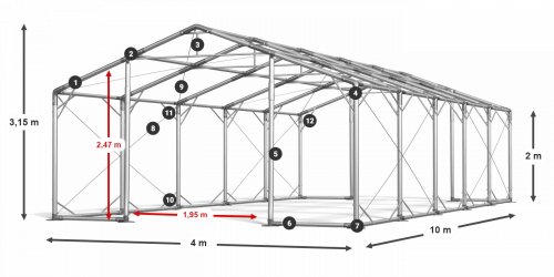 Skladový stan 4x10x2m střecha PVC 580g/m2 boky PVC 500g/m2 konstrukce POLÁRNÍ