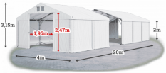 Skladový stan 4x20x2m strecha PVC 560g/m2 boky PVC 500g/m2 konštrukcia POLÁRNA PLUS