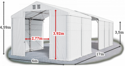 Skladový stan 6x17x3,5m střecha PVC 580g/m2 boky PVC 500g/m2 konstrukce POLÁRNÍ