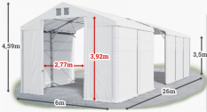 Skladový stan 6x26x3,5m střecha PVC 560g/m2 boky PVC 500g/m2 konstrukce POLÁRNÍ PLUS