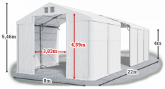 Skladový stan 8x22x4m strecha PVC 560g/m2 boky PVC 500g/m2 konštrukcia POLÁRNA PLUS
