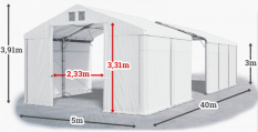 Skladový stan 5x40x3,5m střecha PVC 620g/m2 boky PVC 620g/m2 konstrukce POLÁRNÍ