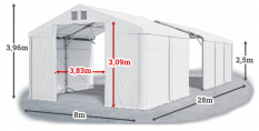 Skladový stan 8x28x2,5m střecha PVC 560g/m2 boky PVC 500g/m2 konstrukce POLÁRNÍ PLUS