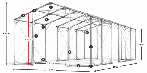 Skladový stan 5x40x4m strecha PVC 580g/m2 boky PVC 500g/m2 konštrukcia POLÁRNA
