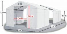 Skladový stan 5x20x2,5m střecha PVC 620g/m2 boky PVC 620g/m2 konstrukce POLÁRNÍ