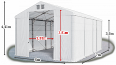 Skladový stan 5x7x3,5m střecha PVC 580g/m2 boky PVC 500g/m2 konstrukce POLÁRNÍ PLUS
