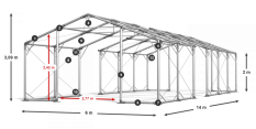 Skladový stan 6x14x2m střecha PVC 580g/m2 boky PVC 500g/m2 konstrukce POLÁRNÍ