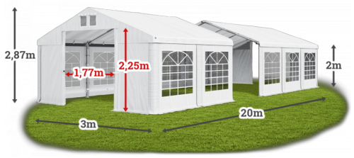 Párty stan 3x20x2m střecha PVC 560g/m2 boky PVC 500g/m2 konstrukce LÉTO - Barva střešní plachty: Bílá, Barva boční plachty: Šedá, Barva svislých pruhů: Šedá