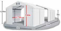 Skladový stan 6x23x3m strecha PVC 580g/m2 boky PVC 500g/m2 konštrukcia ZIMA