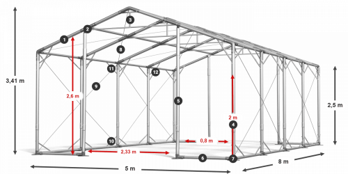 Skladový stan celoroční 5x8x2,5m nehořlavá plachta PVC 600g/m2 konstrukce POLÁRNÍ