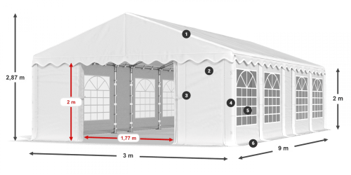 Párty stan 3x9x2m střecha PE 240g/m2 boky PE 240g/m2 konstrukce LÉTO - Barva střešní plachty: Bílá, Barva boční plachty: Bílá, Barva svislých pruhů: Modrá