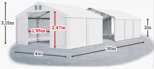 Skladový stan 4x30x2m strecha PVC 560g/m2 boky PVC 500g/m2 konštrukcia POLÁRNA