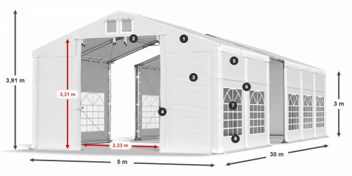 Párty stan 5x30x3m střecha PVC 560g/m2 boky PVC 500g/m2 konstrukce ZIMA PLUS