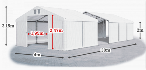 Skladový stan 4x30x2m strecha PVC 560g/m2 boky PVC 500g/m2 konštrukcie ZIMA PLUS