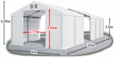 Skladový stan 6x20x2,5m strecha PVC 560g/m2 boky PVC 500g/m2 konštrukcia POLÁRNA PLUS