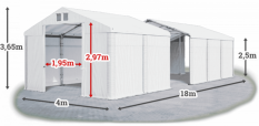 Skladový stan 4x18x2,5m střecha PVC 560g/m2 boky PVC 500g/m2 konstrukce ZIMA