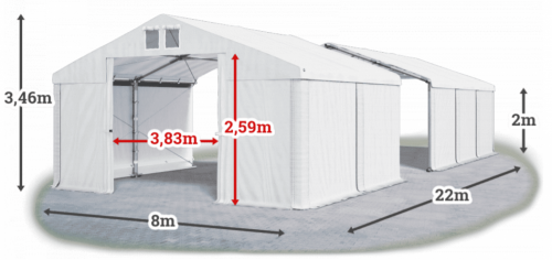 Skladový stan 8x22x2m střecha PVC 560g/m2 boky PVC 500g/m2 konstrukce ZIMA PLUS
