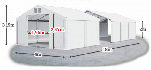 Skladový stan 4x18x2m střecha PVC 560g/m2 boky PVC 500g/m2 konstrukce LÉTO PLUS