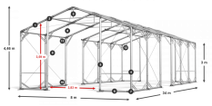 Skladový stan 8x34x3m střecha PVC 620g/m2 boky PVC 620g/m2 konstrukce POLÁRNÍ PLUS