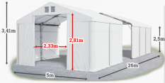 Skladový stan 5x26x2,5m střecha PVC 560g/m2 boky PVC 500g/m2 konstrukce POLÁRNÍ