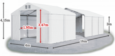 Skladový stan 4x16x3m střecha PVC 560g/m2 boky PVC 500g/m2 konstrukce ZIMA
