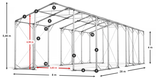 Skladový stan 8x28x4m střecha PVC 580g/m2 boky PVC 500g/m2 konstrukce POLÁRNÍ