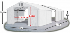 Skladový stan 8x23x2m střecha PVC 580g/m2 boky PVC 500g/m2 konstrukce POLÁRNÍ PLUS