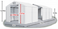 Skladový stan 4x16x3,5m střecha PVC 560g/m2 boky PVC 500g/m2 konstrukce POLÁRNÍ PLUS