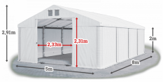 Skladový stan 5x8x2m střecha PVC 560g/m2 boky PVC 500g/m2 konstrukce LÉTO PLUS
