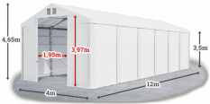 Skladový stan 4x12x3,5m střecha PVC 620g/m2 boky PVC 620g/m2 konstrukce POLÁRNÍ