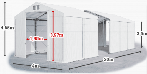 Skladový stan 4x30x3,5m střecha PVC 620g/m2 boky PVC 620g/m2 konstrukce POLÁRNÍ