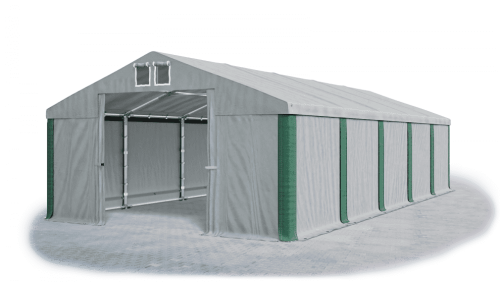 Garážový stan 4x8x2m střecha PVC 560g/m2 boky PVC 500g/m2 konstrukce ZIMA - Barva střešní plachty: Šedá, Barva boční plachty: Šedá, Barva svislých pruhů: Zelená Garážový stan 4x8x2m střecha PVC 560g/m2 boky PVC 500g/m2 konstrukce ZIMA - Barva střešní plachty: Šedá, Barva boční plachty: Šedá, Barva svislých pruhů: Zelená