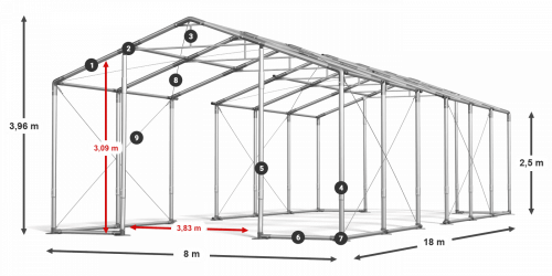 Skladový stan 8x18x2,5m střecha PVC 620g/m2 boky PVC 620g/m2 konstrukce ZIMA PLUS
