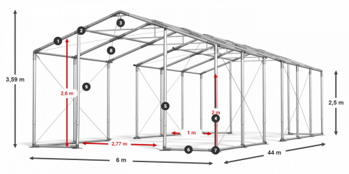 Skladový stan celoroční 6x44x2,5m nehořlavá plachta PVC 600g/m2 konstrukce ZIMA PLUS