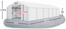 Skladový stan 4x12x2m strecha PVC 560g/m2 boky PVC 500g/m2 konštrukcia POLÁRNA PLUS