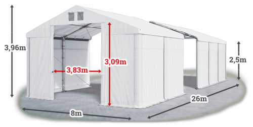 Skladový stan 8x26x2,5m střecha PVC 560g/m2 boky PVC 500g/m2 konstrukce ZIMA PLUS