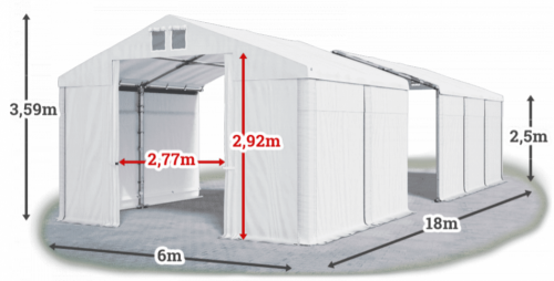 Skladový stan 6x18x2,5m střecha PVC 560g/m2 boky PVC 500g/m2 konstrukce ZIMA