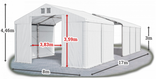 Skladový stan 8x17x3m strecha PVC 580g/m2 boky PVC 500g/m2 konštrukcie ZIMA PLUS
