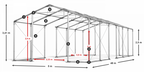 Skladový stan celoroční 5x48x2,5m nehořlavá plachta PVC 600g/m2 konstrukce ZIMA PLUS