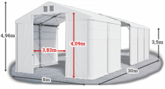 Skladový stan 8x30x3,5m strecha PVC 560g/m2 boky PVC 500g/m2 konštrukcia POLÁRNA