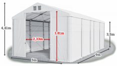 Skladový stan 5x9x3,5m střecha PVC 580g/m2 boky PVC 500g/m2 konstrukce ZIMA PLUS