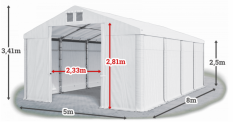 Skladový stan 5x8x2,5m střecha PVC 560g/m2 boky PVC 500g/m2 konstrukce ZIMA