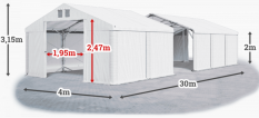 Skladový stan 4x30x2m střecha PVC 560g/m2 boky PVC 500g/m2 konstrukce POLÁRNÍ PLUS