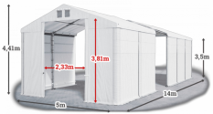 Skladový stan 5x14x3,5m střecha PVC 560g/m2 boky PVC 500g/m2 konstrukce ZIMA