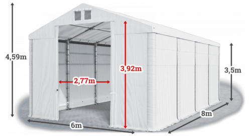 Skladový stan 6x8x3,5m střecha PVC 560g/m2 boky PVC 500g/m2 konstrukce ZIMA