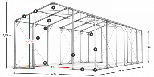 Skladový stan 4x24x4m střecha PVC 580g/m2 boky PVC 500g/m2 konstrukce POLÁRNÍ