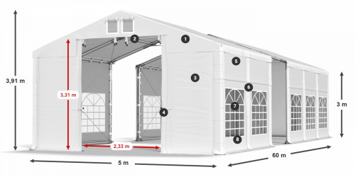 Párty stan 5x60x3m střecha PVC 560g/m2 boky PVC 500g/m2 konstrukce ZIMA PLUS