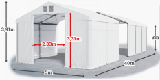 Skladový stan 5x40x3m střecha PVC 560g/m2 boky PVC 500g/m2 konstrukce ZIMA PLUS